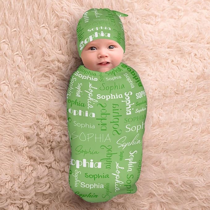 Personalized Baby Swaddle Blanket for Boys Girls Name Lettering Green Custom Name Receiving Blanket with Cap for Newborn Girls and Boys Soft Sleeping Sack