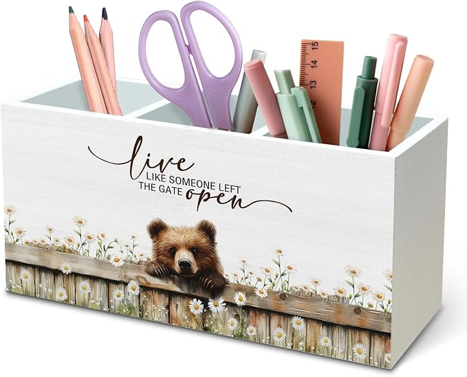 DILSJ Bear Inspirational Pen Pencil Holder Organizer for Desk, Bear Gifts for Women Men, Live Like Someone Left the Gate Open Wooden Box Signs for Home Office Desk Tabletop Decoration