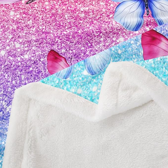 Feelyou Girls Glitter Print Fleece Throw Blanket Baby 30"x40" Kids Blue Pink Butterfly Sherpa Blanket Plush Fuzzy for Bed Couch Chair Living Room, Dreamy Girly Bed Blanket Princess Style Room Decor