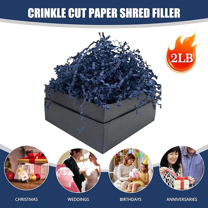 Tisspoms Deep Navy Blue Crinkle Cut Paper Shred Filler, 2 LB Basket Filler Shredded Paper, Confetti Stuffing for Basket Filling, Halloween, Christmas, Birthdays, Gift Wrapping, Stuffer Party Supplies