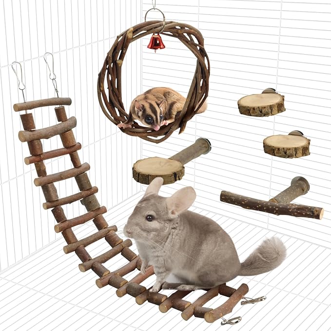 BNOSDM 6PCS Chinchilla Cage Accessories, Natural Wood Sugar Glider Climbing Bridge & Perch Platforms, Rat Enrichment Toys Set for Small Animals Squirrel, Gerbil, Hamster