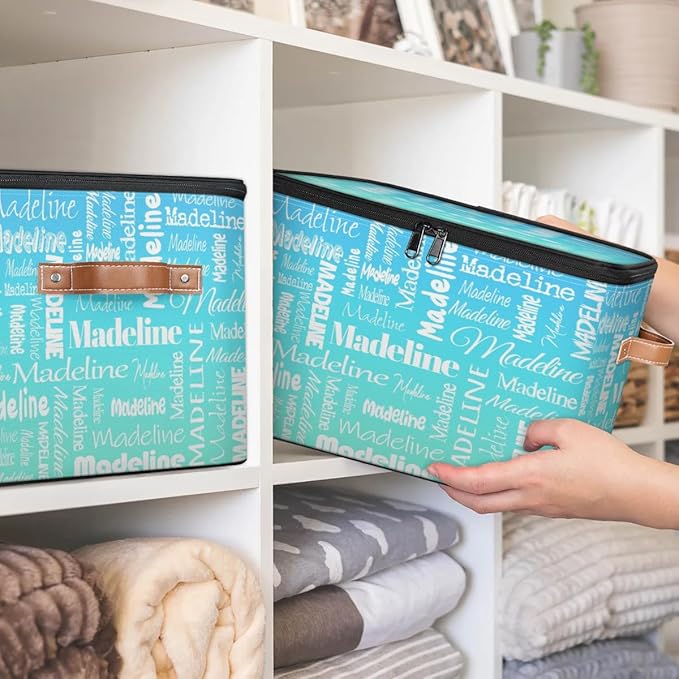 Custom Storage Basket with Name, Personalized Keepsake Box with Zipper Lid, Foldable Fabric Memory Bin Large capacity with Handle Blue Green Gradient