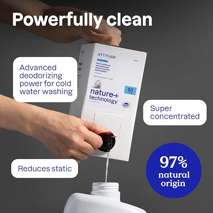 ATTITUDE Liquid Fabric Softener Refill, Plant-Based & Vegan, HE Compatible, Naturally Derived, Citrus Zest Scent, 80 Loads, 67.6 Fl Oz