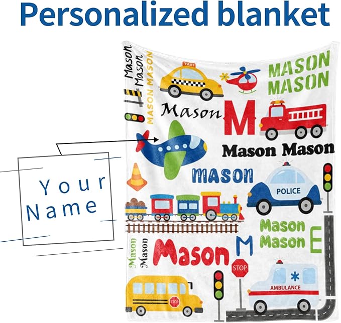 Personalized Blanket with Name for Boys, Traffic Car Transport Custom Name Blanket, Soft Flannel Toddler Blankets Customized Gift for Newborn Baby Shower Birthday-30 x40