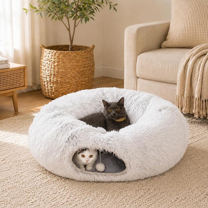 Warm Fluffy Plush Cat Dog Tunnel Bed Under Christmas Tree Big Tube Playground Toys 3 FT Diameter Longer Crinkle Collapsible 3 Way, for Indoor Cat Kitty Kitten Puppy Rabbit Ferret White