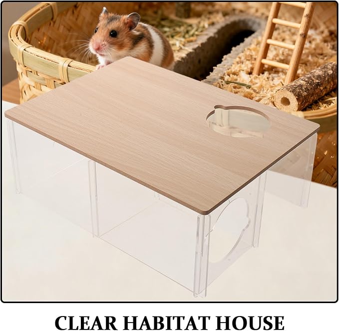 Hamster Hideout Box with 3-Chamber Acrylic Design for Small Pets Like Chinchillas and Gerbils, Multi-Chamber Resting House with Easy Maintenance and Exploration Tunnel, 11x8x4 Inch