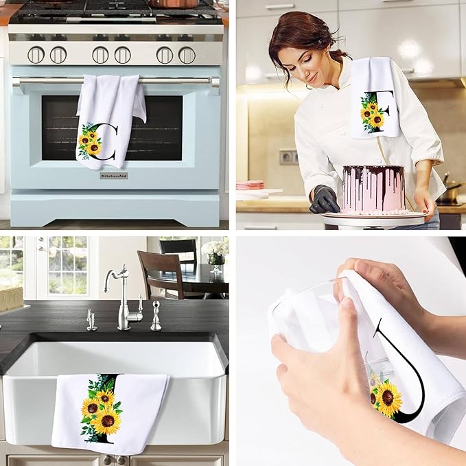 Monogrammed Sunflower Hand Towels,Ini-tial D Tea Towel Letter Kitchen Towels,Sunflower Gifts for Women,Monogram Dish Towel 17x23 Inch,Kitchen Bathroom Decorative Ini-tial Gifts for Mom Wife