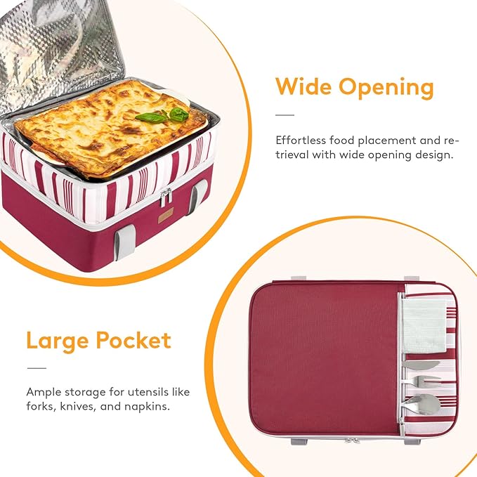 LUNCIA Insulated Double Decker Casserole Carrier, Lasagna Lugger Tote Keeps Food Hot or Cold, Thermal Lunch Bag for Potluck Parties, Picnic and Cookouts, Fits 9" x 13" Baking Dish, Red