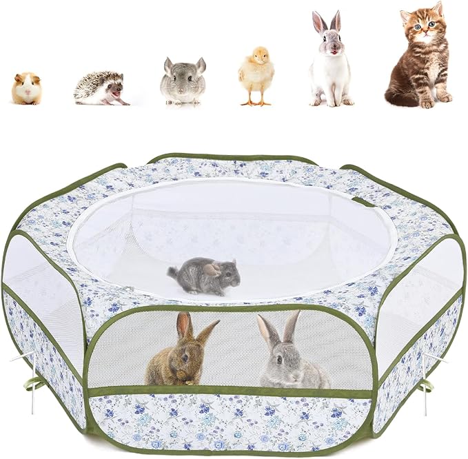 Pawaboo Small Animal Playpen with Zippered Cover, Blue + White Flower | Portable pop-up pet tent for supervised rabbits, guinea pigs, chicks and kittens; water-resistant bottom and 3 metal rods