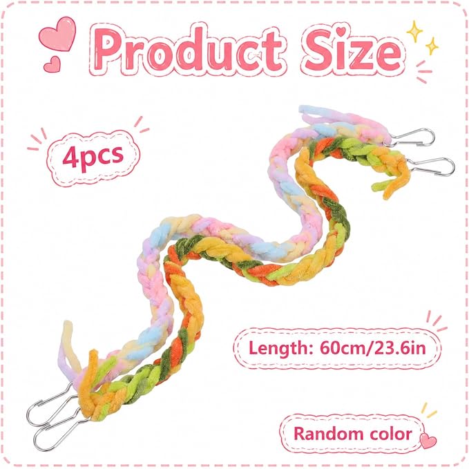 4 Pack Hanging Small Animal Toys, 60cm | Handmade Rope, Climbing and Chewing Enrichment, Mixed Colors, for Pet Rat, Hamster, Sugar Glider, Flying Squirrel Cage