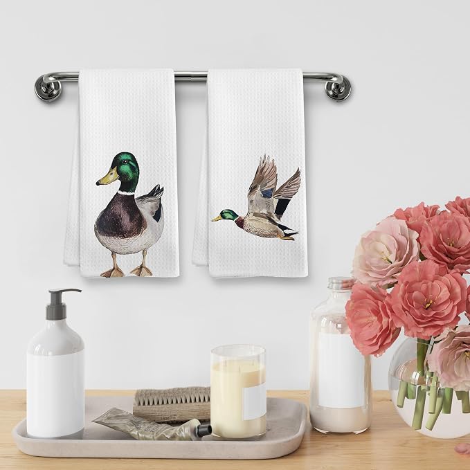 Funny Mallard Duck Kitchen Towels and Dishcloths Sets of 2, Mallard Duck Nursery Decor Gifts, Woodsy Rustic Farm Hunting Nursery Home Decor Dish Hand Tea Towels for Bathroom Kitchen,16x24Inch