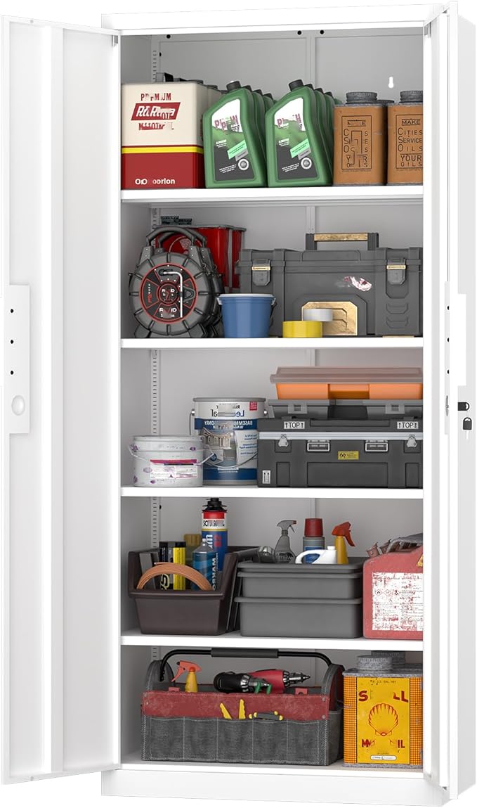 GREATMEET Metal Garage Storage Cabinets, 71" Tall Locking Metal Cabinets with Doors and Shelves, Utility Cabinet with Lock for Garage, Home, White