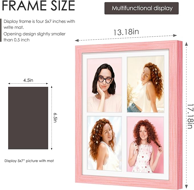 12x16 Picture Frame 5x7 Collage Picture Frame Displays Four 5x7 inch Photos or 12x16 (Without Mat) for Available Horizontal Wall Mounting Display and Vertical Pink