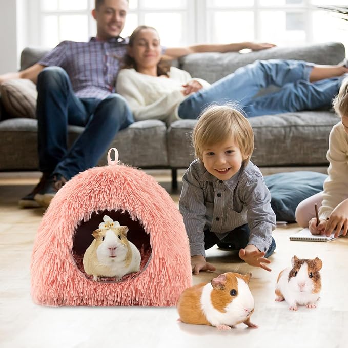 YUEPET Guinea Pig Bed Cave,Warm Bunny Hideout,Pink | Warm Guinea Pig House, Long Plush Fabric, Washable Removable Pad, Non-Slip Base, for Ferrets Hamsters Hedgehogs Dwarf Rabbits