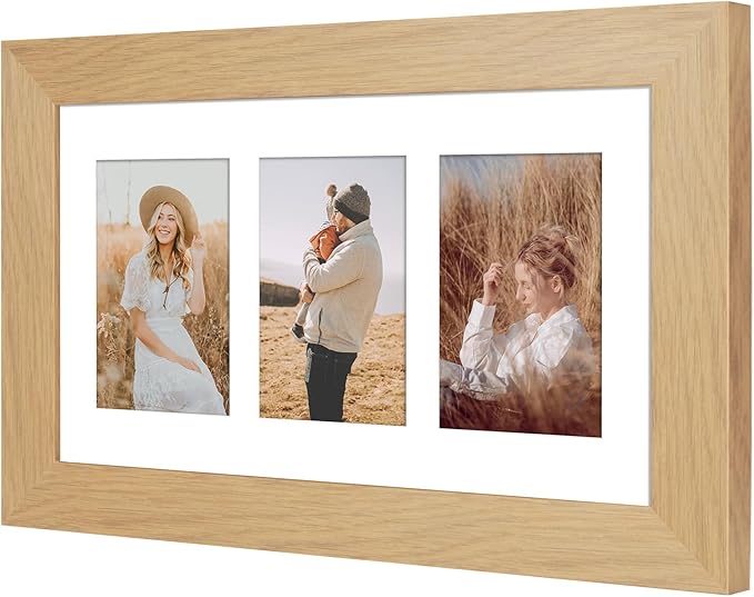 8x14 Picture Frame Display 3 opening 4X6 Picture Frame Collage,Multi Photo Frame with Mat,Plexiglass,Wall Hanging Decor,Natural Wood Grain