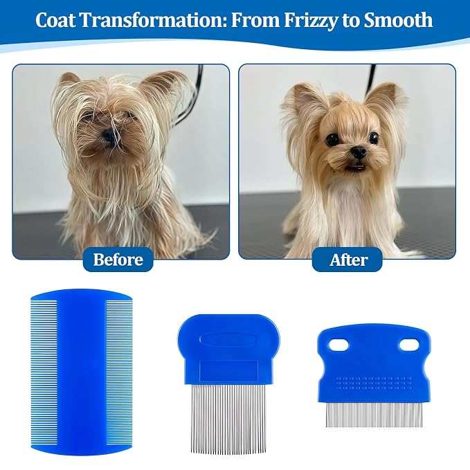 6 Pack Pet Grooming Combs, Stainless Steel Dog and Cat Grooming Combs with Rounded Teeth, Double-Sided Professional Pet Tear Stain Remover for Small, Medium, and Large Pets (Blue)