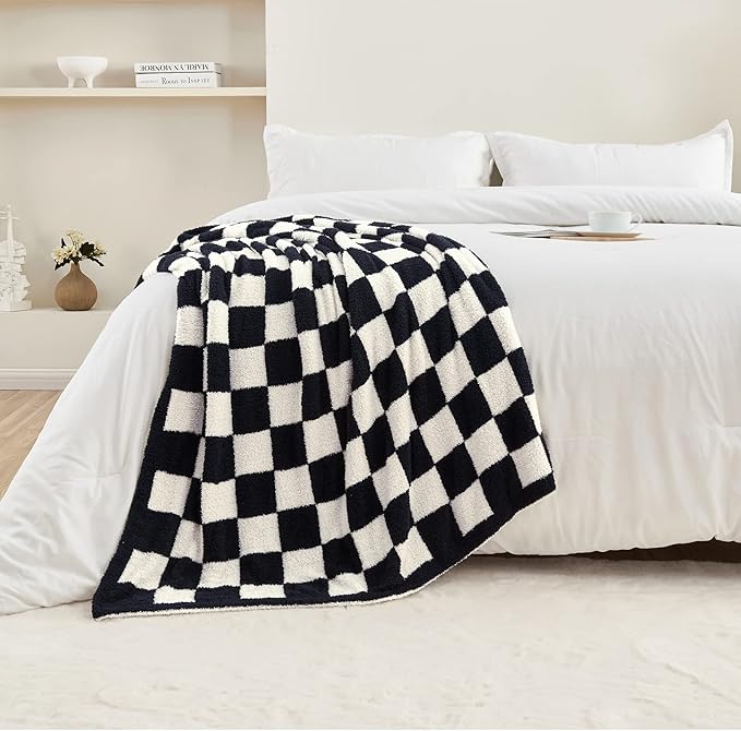 CozeCube Super Soft Fullfy Microfiber Reversible Knitted Blankets, Warm Cozy Fuzzy Plush Throw, Black and White Checkered Throw Blanket for Couch Bed Sofa, 60" x 80"