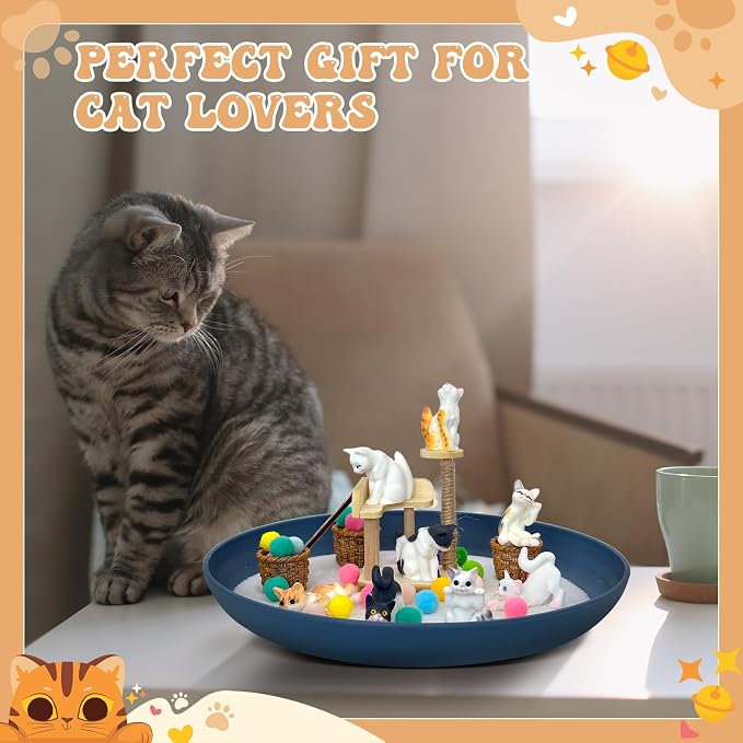 Zen Garden for Desk for Cat Lover Gifts | with Tray Sand Tools Cat Figurines DIY Micro Landscape Ornaments Miniature Meditation Sand Garden Stress Relief Desk