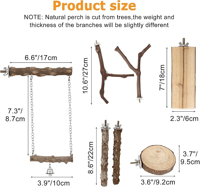 7pcs Natural Wood Bird Perch DIY Bird Cage Accessories Stand Sticks | Natural Bird Perches Kit Including Chewing Stick Platform Swing Toy for Bird Cage Inside & Outside Parakeet Cockatiel Conure