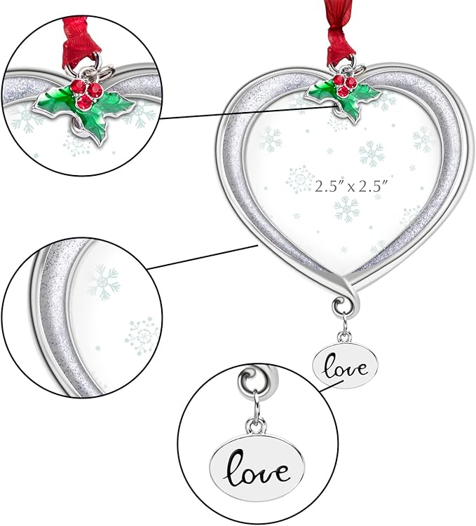 Christmas Tree Ornament Picture Frame Metal Hanging Pendant Holiday 2.5" Photo Frame Charm Decorative of Pets, Baby First Christmas, Family (Love White)