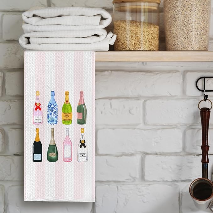 Preppy Pink Champagne Wine Kitchen Towels, Gifts for Champagne Lovers Dish Tea Towels, Pink Striped Sparkling Wine Decorative Hand Towel for Kitchen Bar Cart, 16x24 Inch