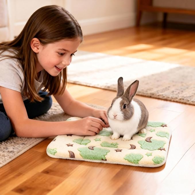 2 Pcs Bunny Bed, Washable Rabbit Bed, Double-Sided Fleece Sleeping Pad for Guinea Pig, Dwarf Rabbit, Chinchilla, Ferret, Hamster, Warm Small Animal Cage Mat, 13x10in, Yellow Star & Moon