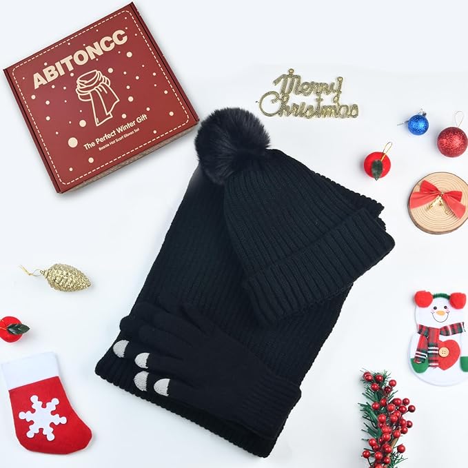 Winter Beanie Hat Scarf Gloves Set for Women, Fleece Knit Pompom Beanie Neck Warmer Long Scarf Touchscreen Gloves 3 in 1 Set