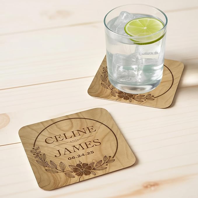40 Pack Personalized Wedding Coasters, Custom Cardboard Coasters for Drinks with Photo Print and Text, Keepsake Wedding Favors and Gifts for Couples, 4x4 Square, Design 2