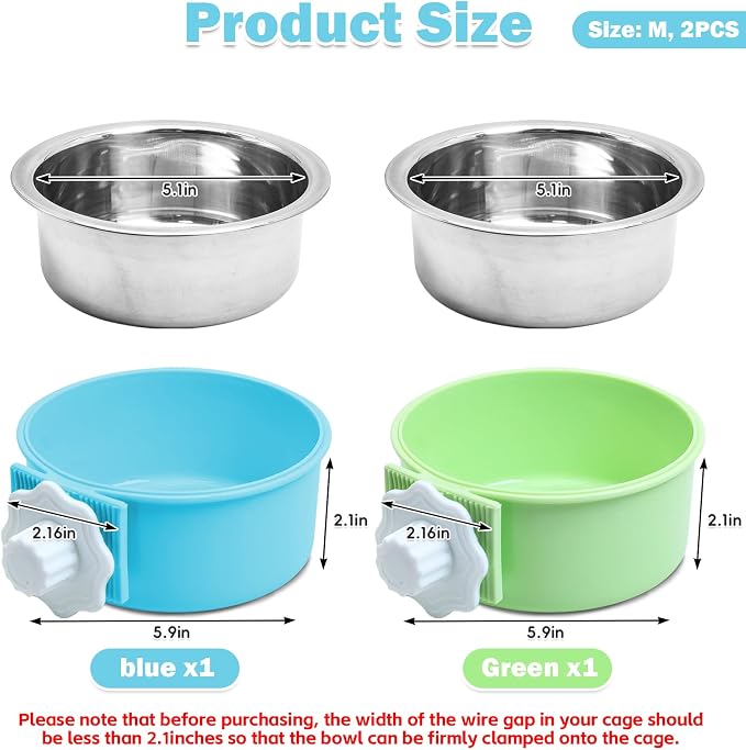 kathson Crate Dog Bowl, Removable Stainless Steel Hanging Pet Kennel Cage Bowl Food & Water Feeder Coop Cup for Puppy, Cat, Rabbit, Guinea Pigs Ferret Bird (2 PCS, Size: M, Blue and Green) (Pack of 2)