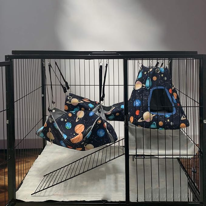Ferret Rat Hammock Tent Hanging Tunnel Cage Accessories Set for Small Pets,Cage Decorations for Ferrets Rats (Galaxy Black)