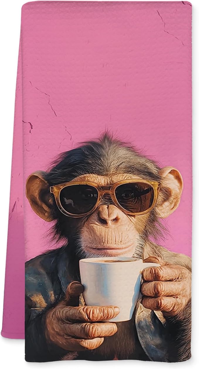 Pink Funny Monkey Kitchen Towels, Monkey Gifts for Women Dish Tea Towels for Kitchen Decor, Trendy Preppy Funny Animal Drink Coffee Decorative Hand Towel, 16x24 Inch