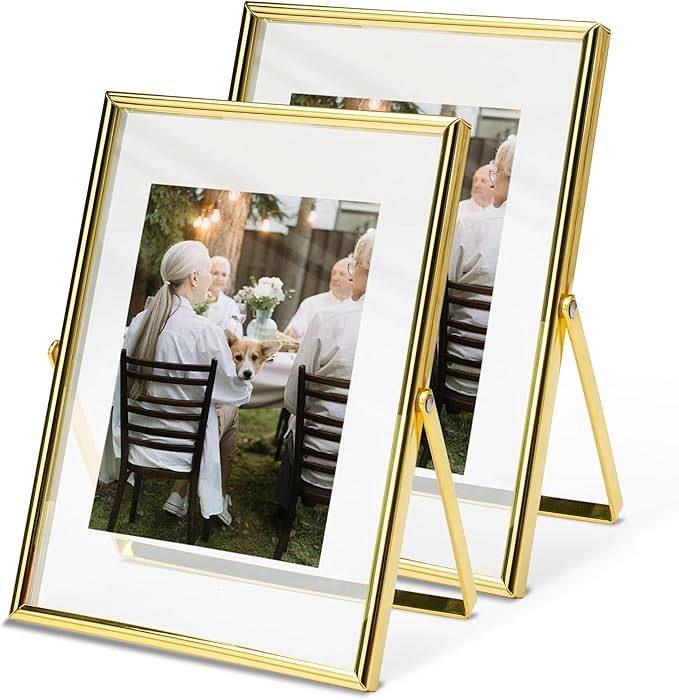 Vienrose Picture Frame for 5x7 4x6 3x5 Photos, Glass Floating Picture Frames, Gold Tabletop Photo Frame for Home Wedding Party Office Decor (6"x 8",2 Pack)