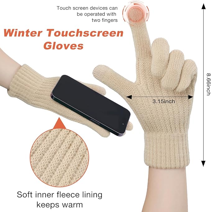 Tavaleu Womens Winter Beanie Hat Scarf Gloves Set, Pom Pom Beanie Warm Knit Scarf Touchscreen Gloves for Cold Weather
