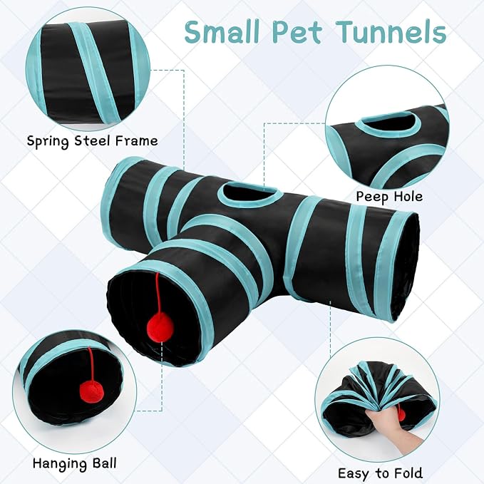 Rypet Guinea Pig Tunnel Hideout 3-Way Collapsible Pet Tubes, Blue Black | 3 Way Design for Exploration, Collapsible for Easy Storage, Built-in Play Ball, Hiding & Resting for Hamsters Ferrets