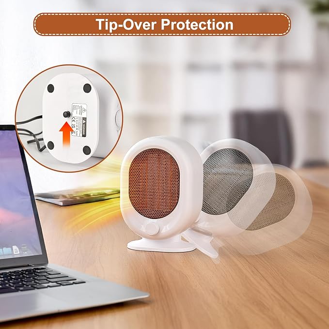 Mini Space Heater,1500W Small Desk Heater,2 Gears Adjustable,PTC Ceramic Heating,Tip-over & Overheat Protection,Fast Heating and Super Quiet White