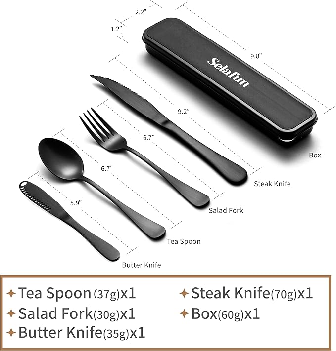 5-pieces Travel Set with Case Portable Silverware Utensils Set for work, Stainless Steel Reusable Flatware Set Cutlery Set for Camping Picnic Hiking Office, (matte black, 5.9)