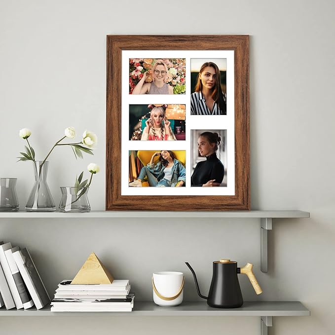 11x14 Picture Frame Display 5 opening 4X6 Picture Frame Collage,Multi Photo Frame with Mat,Plexiglass,Wall or Tabletop Decor,Carbonized Brown Wood Grain
