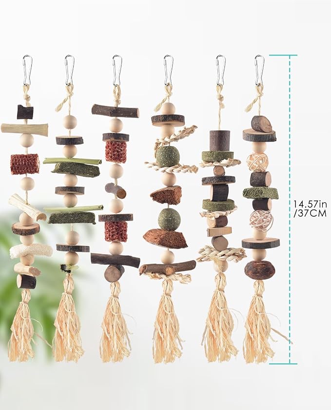 DBNESS 6PCS Bunny Chew Toys, Hamster Rabbit Cage Hanging Chew Toys, Natural Apple Wood Bunnies Treats, Improve Small Animal Teeth Health for Guinea Pig Chinchilla Ferret Rats Gerbil