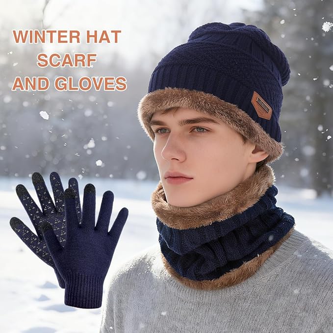Winter Beanie Hat Scarf Glove Set for Women Snow Knit Thick Fleece Lined Ski Hat,Mens Warm Neck Warmer Touchscreen Mittens