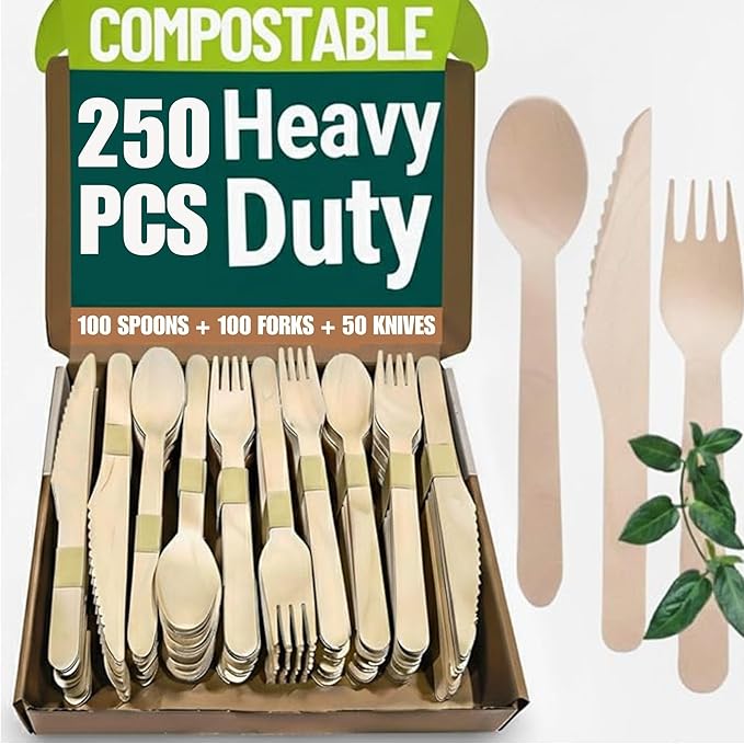 Disposable Bamboo Cutlery Set - 250 PCS Bamboo Utensil Set with 100 Compostable Forks, 100 Spoons, and 50 Knives - Disposable Cutlery Set for Outdoor, Party, Camping & More