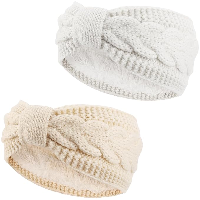 AQOKKA Knit Winter Headbands for Women Fuzzy Wool Fleece Lined Ear Warmers Elastic Turban Crocheted Head Wrap Winter Accessories for Women Cold Weather