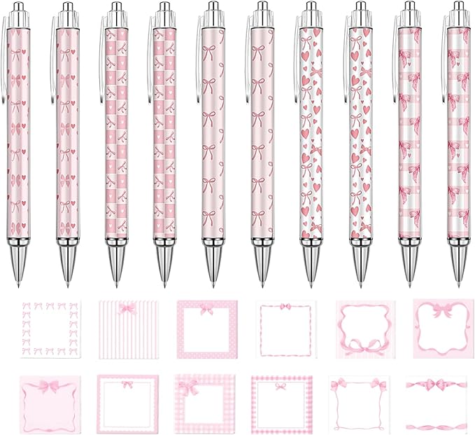 22 Pcs Cute Pink Bow Stuff,10 Pink Coquette Bow Pens and 12 Pads Bow Sticky Notes,Valentines Gifts,Black Ink Ballpoint Pens for Birthday Party Back to School Student Gift Women Office School Supplies