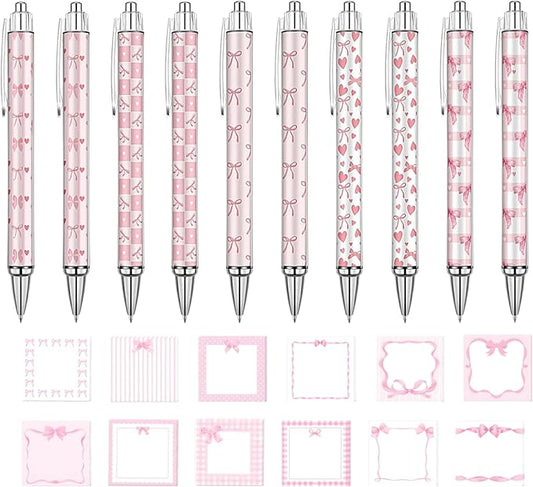 22 Pcs Cute Pink Bow Stuff,10 Pink Coquette Bow Pens and 12 Pads Bow Sticky Notes,Valentines Gifts,Black Ink Ballpoint Pens for Birthday Party Back to School Student Gift Women Office School Supplies