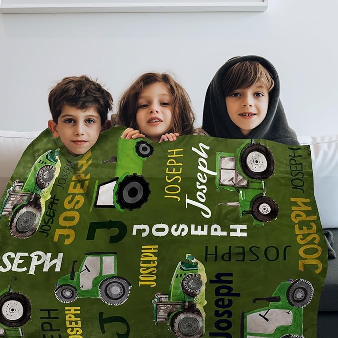 Personalized Tractors Blanket - Custom Name with Farm Tractor Trucks Design - Soft Plush Flannel Bed Blanket for Baby Kid Teen Boys Girls Customized Gifts Olive Green