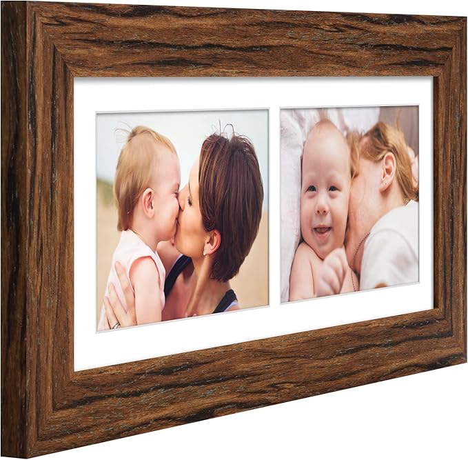 6x15 Picture Frame Display 2 opening 5X7 Double Picture Frame Collage,Multi Photo Frame with Mat,Plexiglass,Horizontal and Vertical Formats for Wall Décor,Carbonized Brown Wood Grain