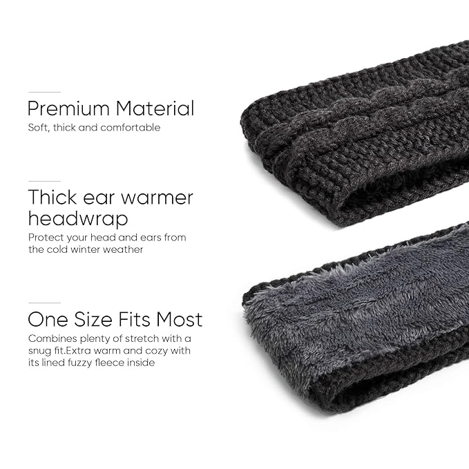 AQOKKA Knit Winter Headbands for Women Fuzzy Wool Fleece Lined Ear Warmers Elastic Turban Crocheted Head Wrap Winter Accessories for Women Cold Weather
