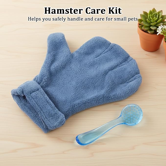 1 Pcs Hamster Bite Proof Glove and Grooming Brush Set, Adjustable Hamster Glove, Lid Soft Cleansing Brush Massage Combs, Guinea Pig Brush, Hamster Care Set for Hamsters, Ferrets, Hedgehogs (Blue)