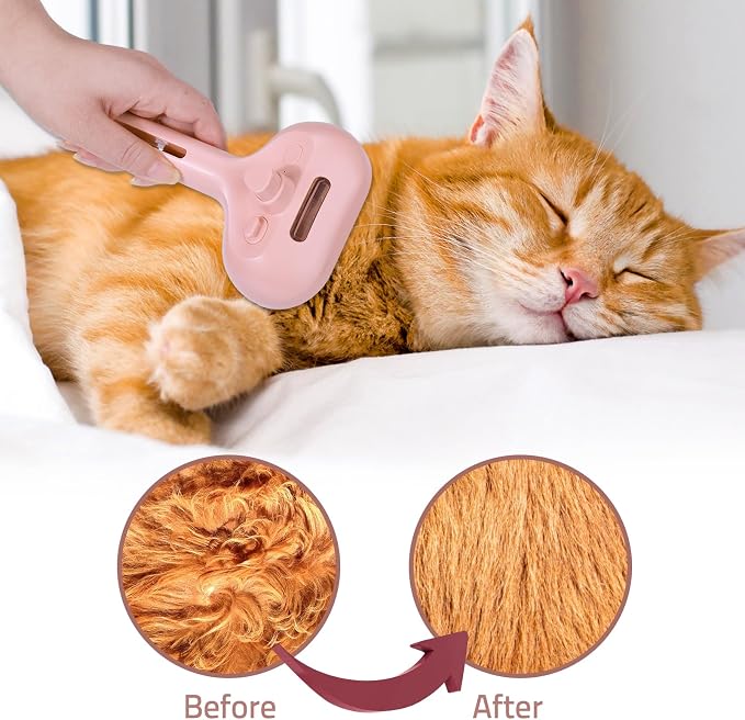 Bunny Ferret Steam Brush Release Button Self Cleaning Spray Comb for Long and Short Hair Cats Rechargeable Steaming Cat Grooming Brush Steamer to Remove Loose Hair (Pink)