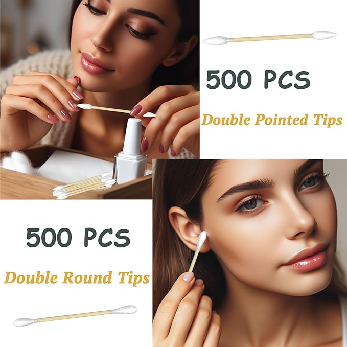 1000-Pack Bamboo Cotton Swabs Bulk (5x100 Round + 5x100 Pointed Tips) - Biodegradable Double Ended Swabs for Gun Cleaning, Pet Ear Care, Makeup & Electronics - Hypoallergenic & Lint-Free