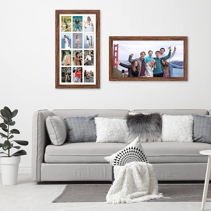 13x25 Picture Frame Display 12 opening 4X6 Picture Frame Collage,Multi Photo Frame with Mat,Plexiglass,Wall Mount Decor,Carbonized Brown Wood Grain